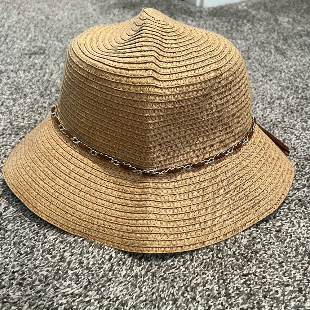 Halston Tan Straw Suede Chain Tassel Women’s Bucket Hat